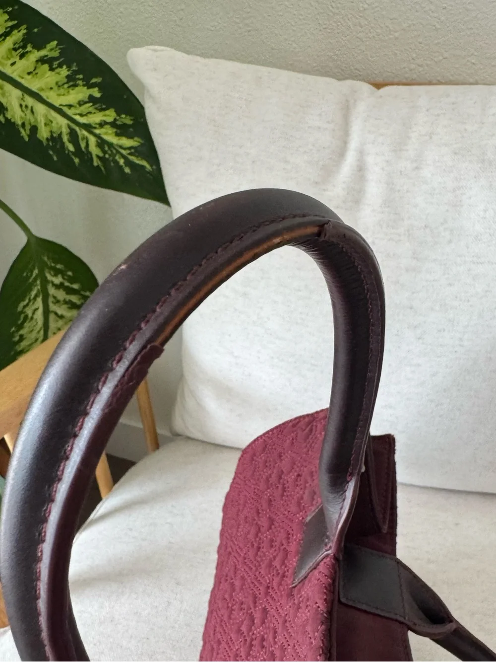 Tory Burch Burgundy Wine Quilted Nylon And Leather Ella Damask Tote Handbag